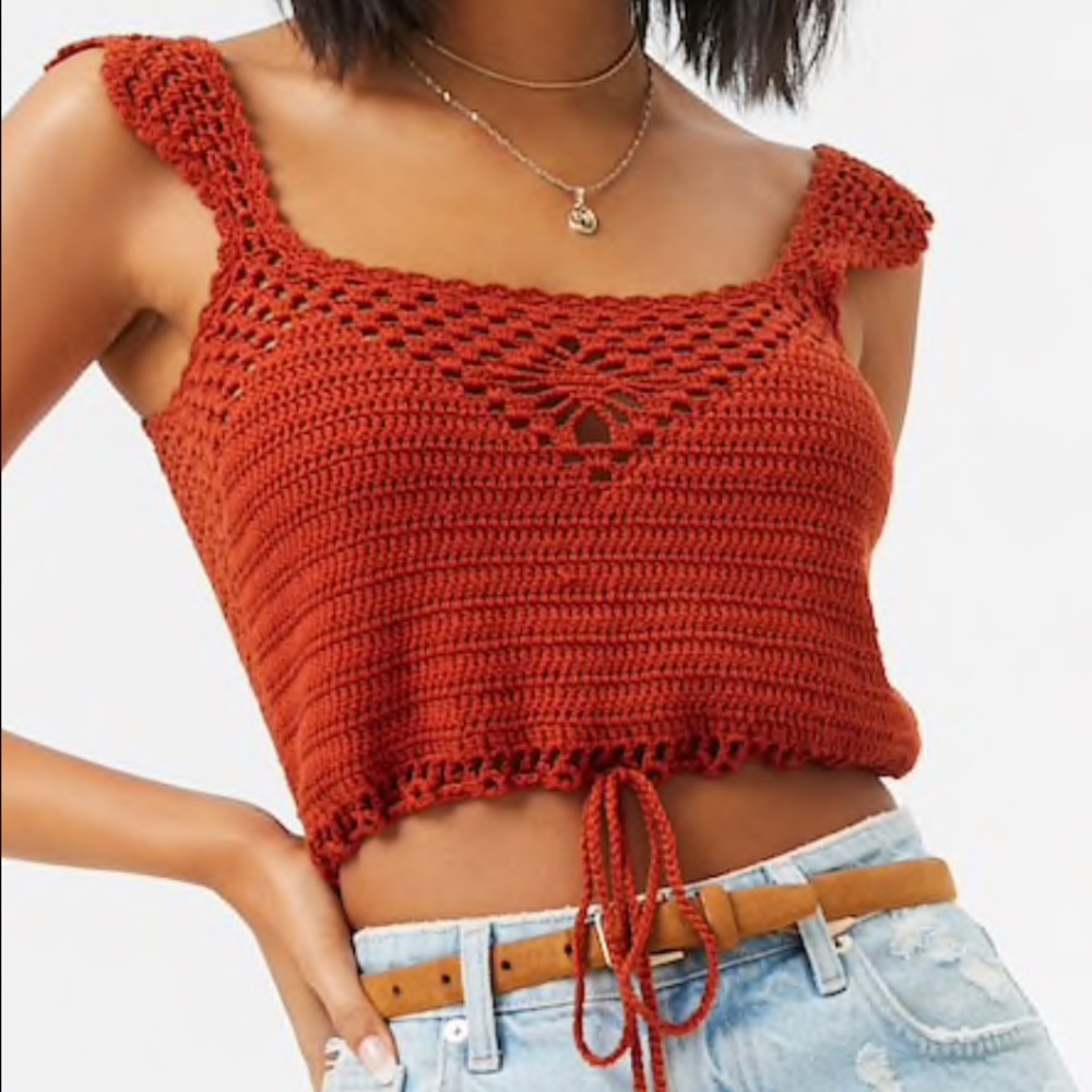 Red Crochet crop top with drawstring Size Small